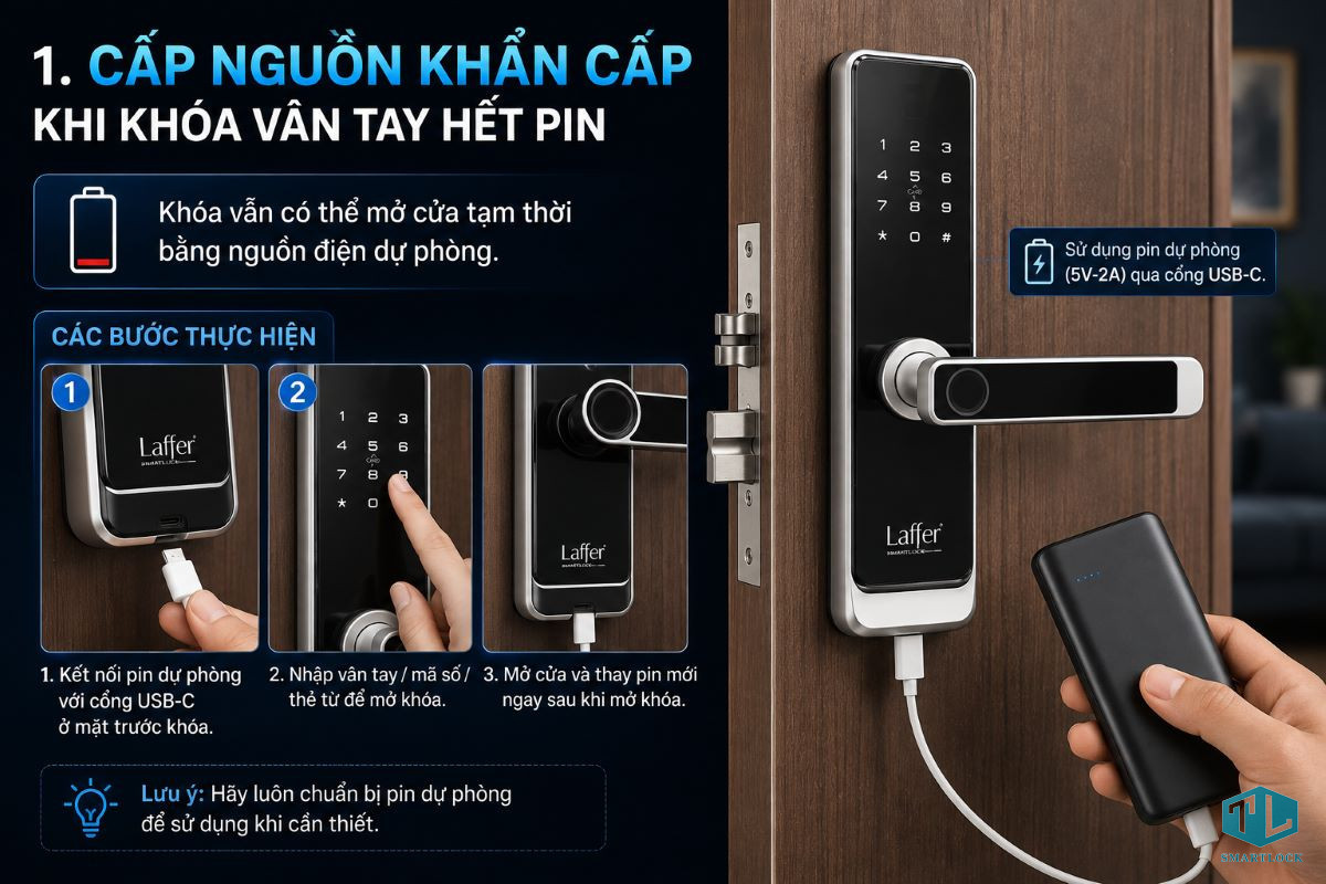 Khóa Vân Tay Hết Pin Có Mở Được Không? 5 Cách Xử Lý Nhanh 2 Hướng dẫn mở cửa khi khóa vân tay hết pin