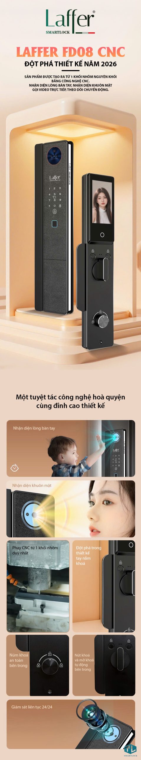 Khóa vân tay cửa gỗ Laffer FD08 CNC 2026 nhận diện khuôn mặt 3D