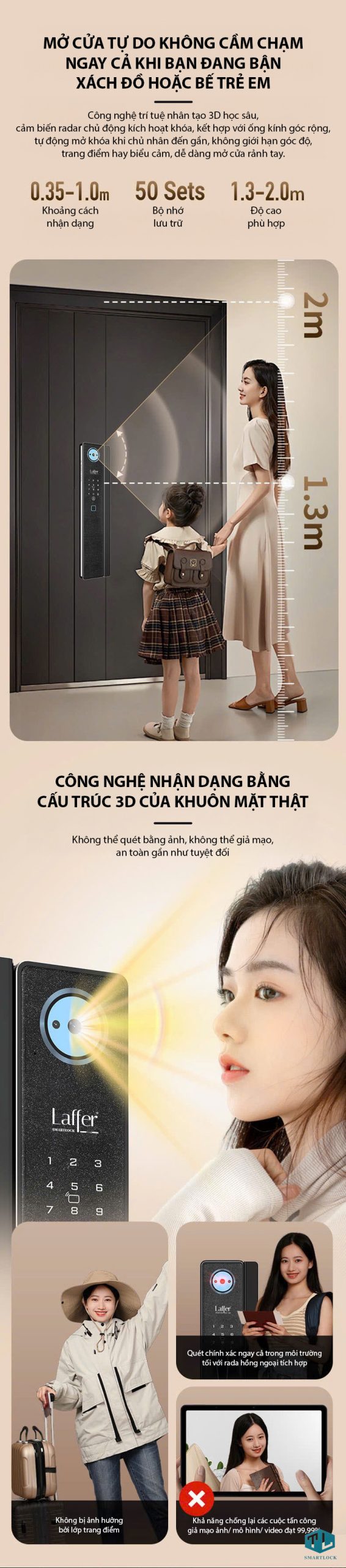 Khóa vân tay cửa gỗ Laffer FD08 CNC 2026 nhận diện khuôn mặt 3D